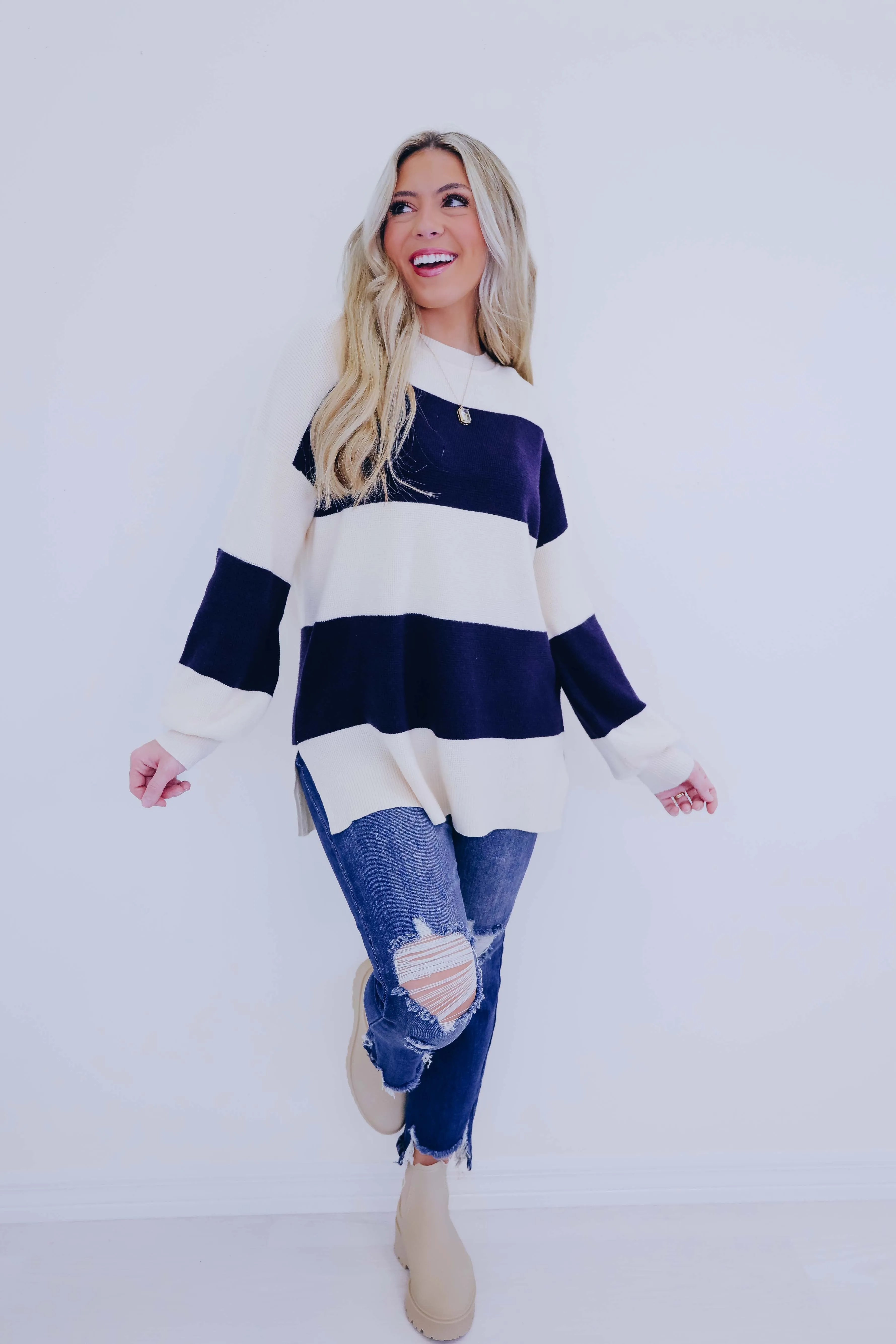 Santana Striped Slit Hem Sweater- 2 Colors