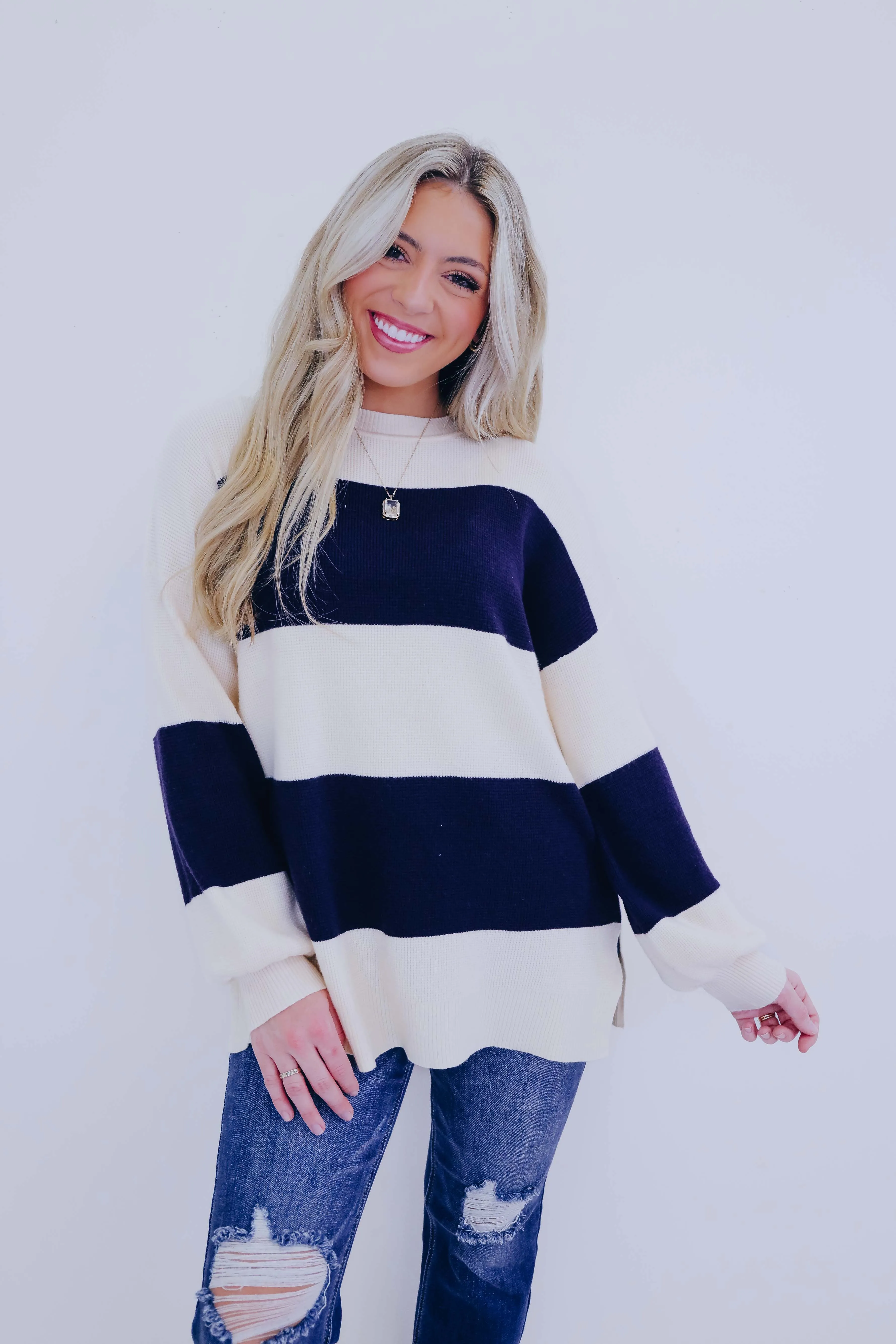 Santana Striped Slit Hem Sweater- 2 Colors