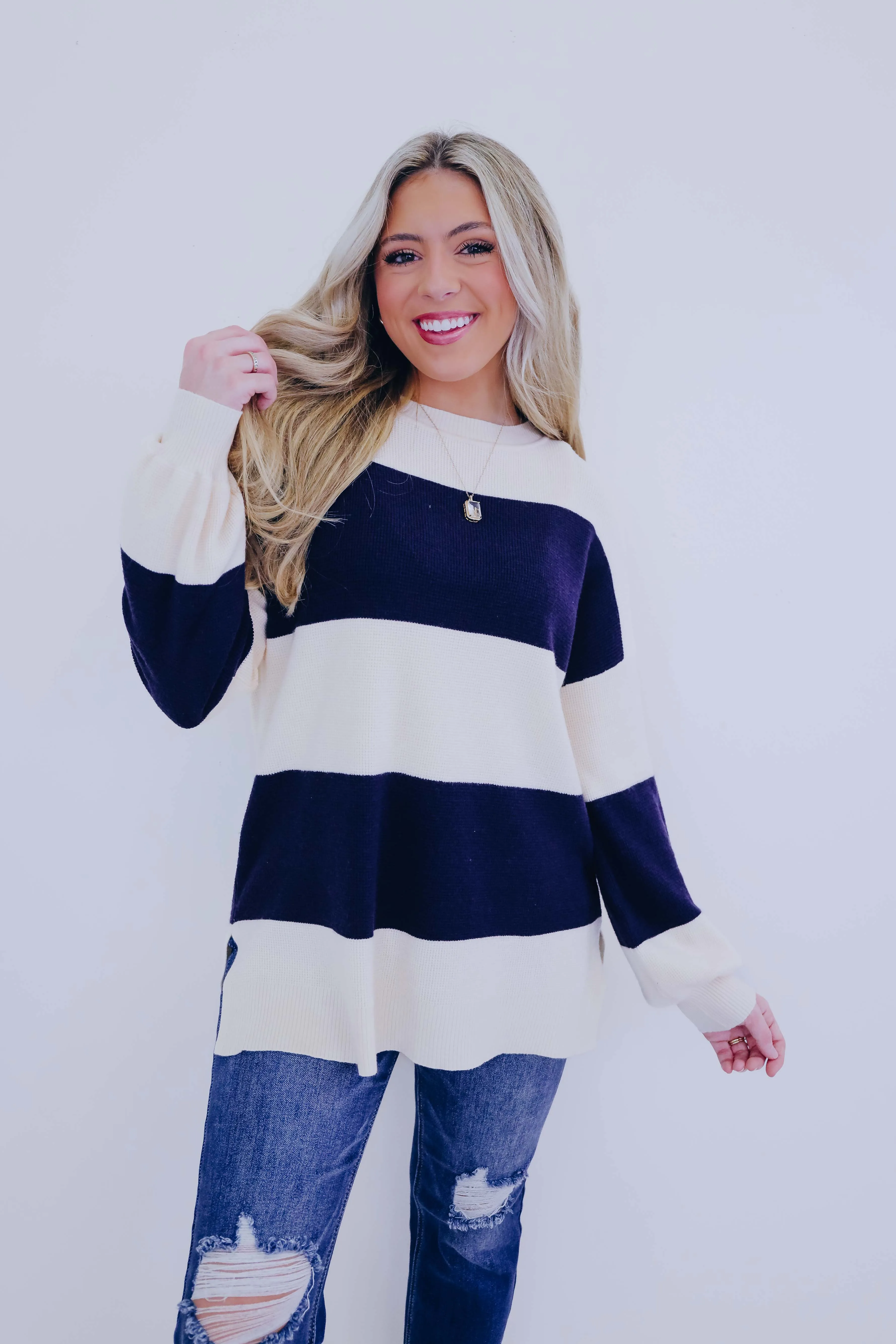 Santana Striped Slit Hem Sweater- 2 Colors