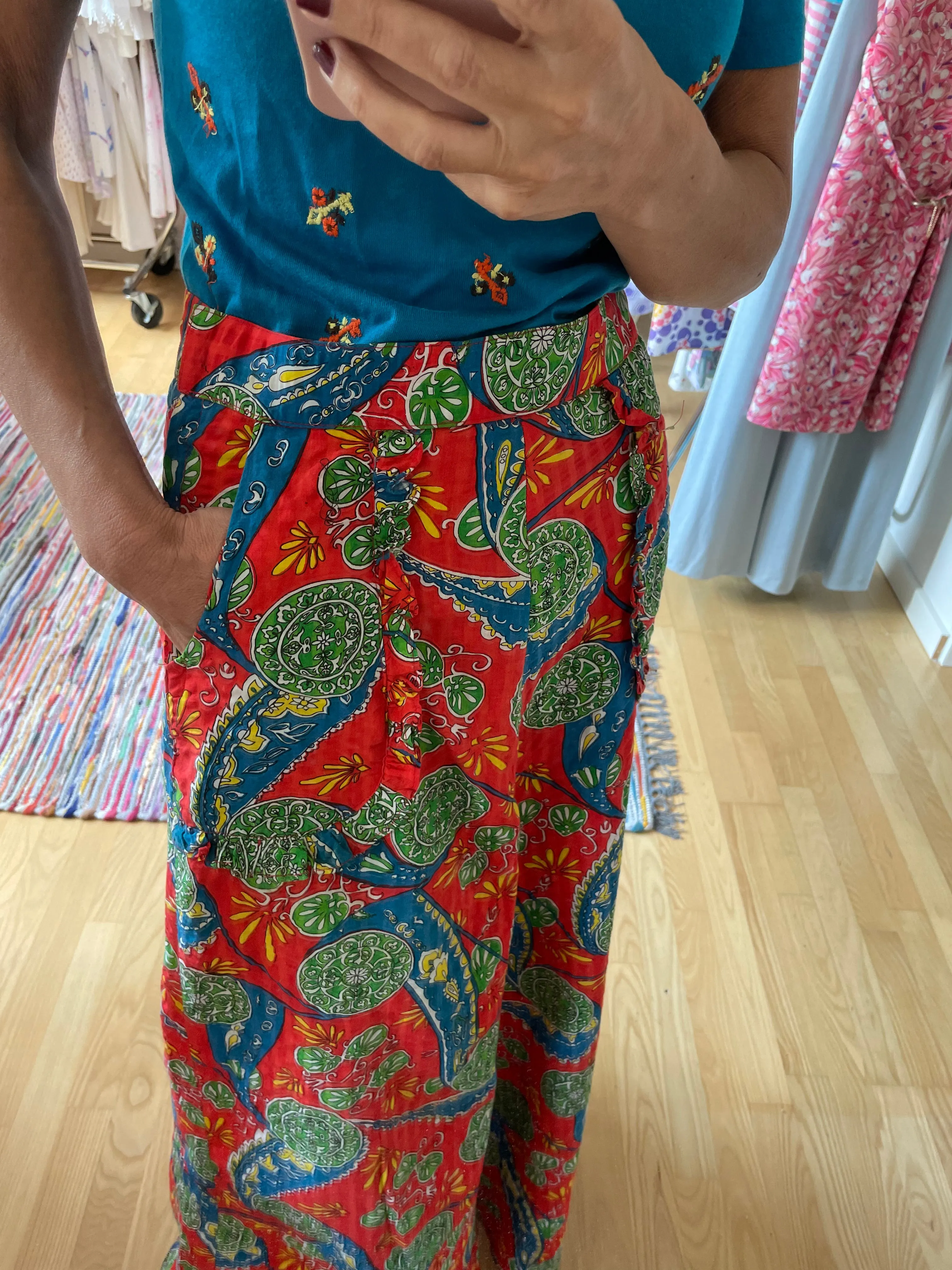 Seersucker Maxi Print 70s Skirt