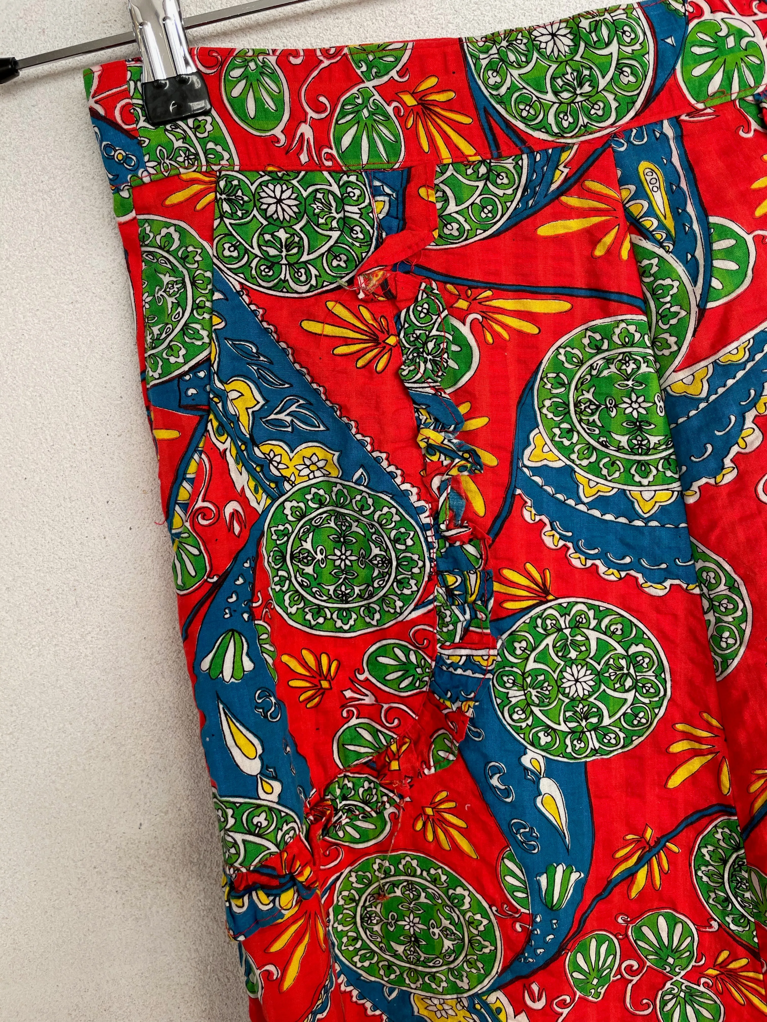 Seersucker Maxi Print 70s Skirt