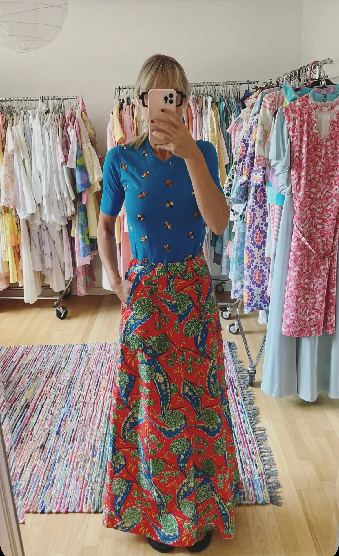 Seersucker Maxi Print 70s Skirt