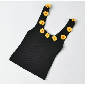 Sexy Flower Knitted Vest Solid Color Slim Square Collar Casual Sleeveless