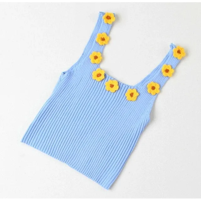 Sexy Flower Knitted Vest Solid Color Slim Square Collar Casual Sleeveless