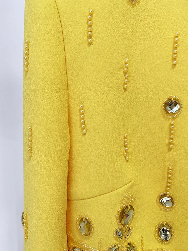 Sexy Yellow Bejeweled 2 Piece Bolero Jacket & Mini Skirt Set