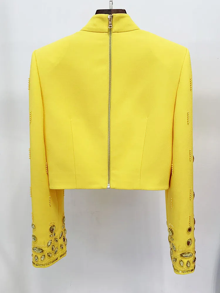 Sexy Yellow Bejeweled 2 Piece Bolero Jacket & Mini Skirt Set