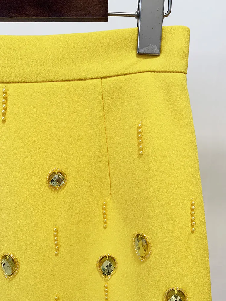 Sexy Yellow Bejeweled 2 Piece Bolero Jacket & Mini Skirt Set