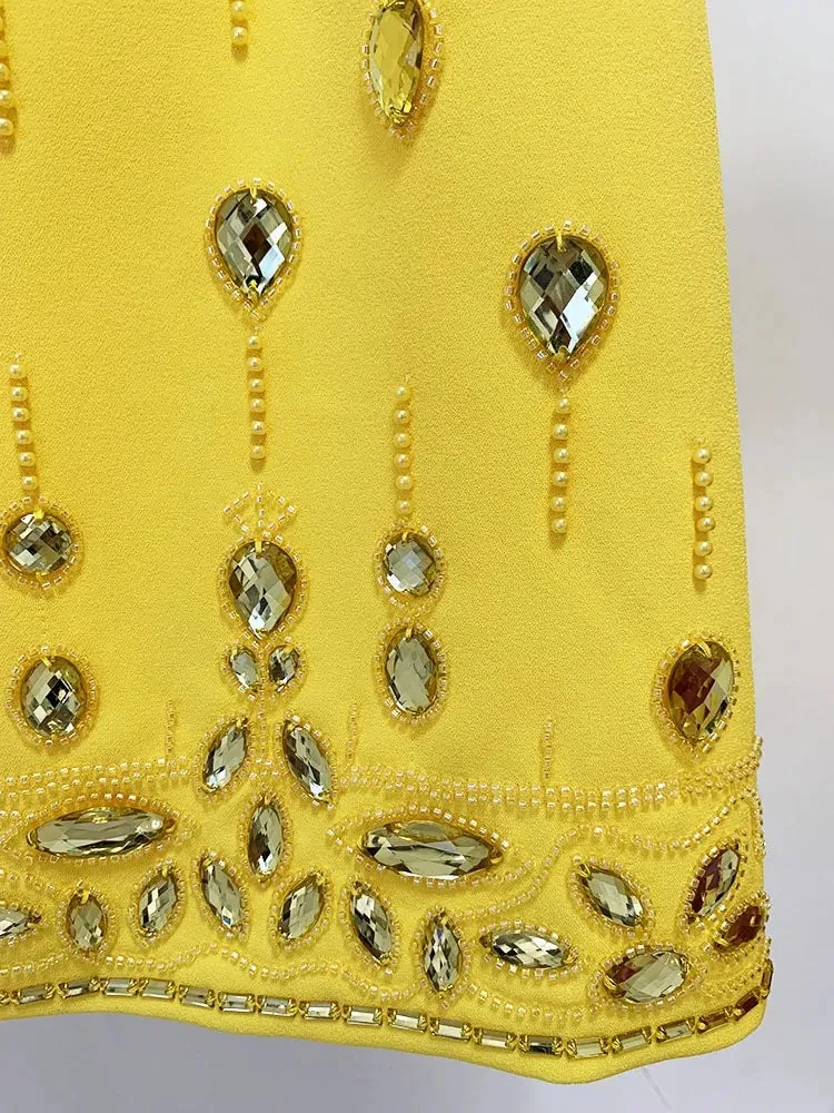 Sexy Yellow Bejeweled 2 Piece Bolero Jacket & Mini Skirt Set