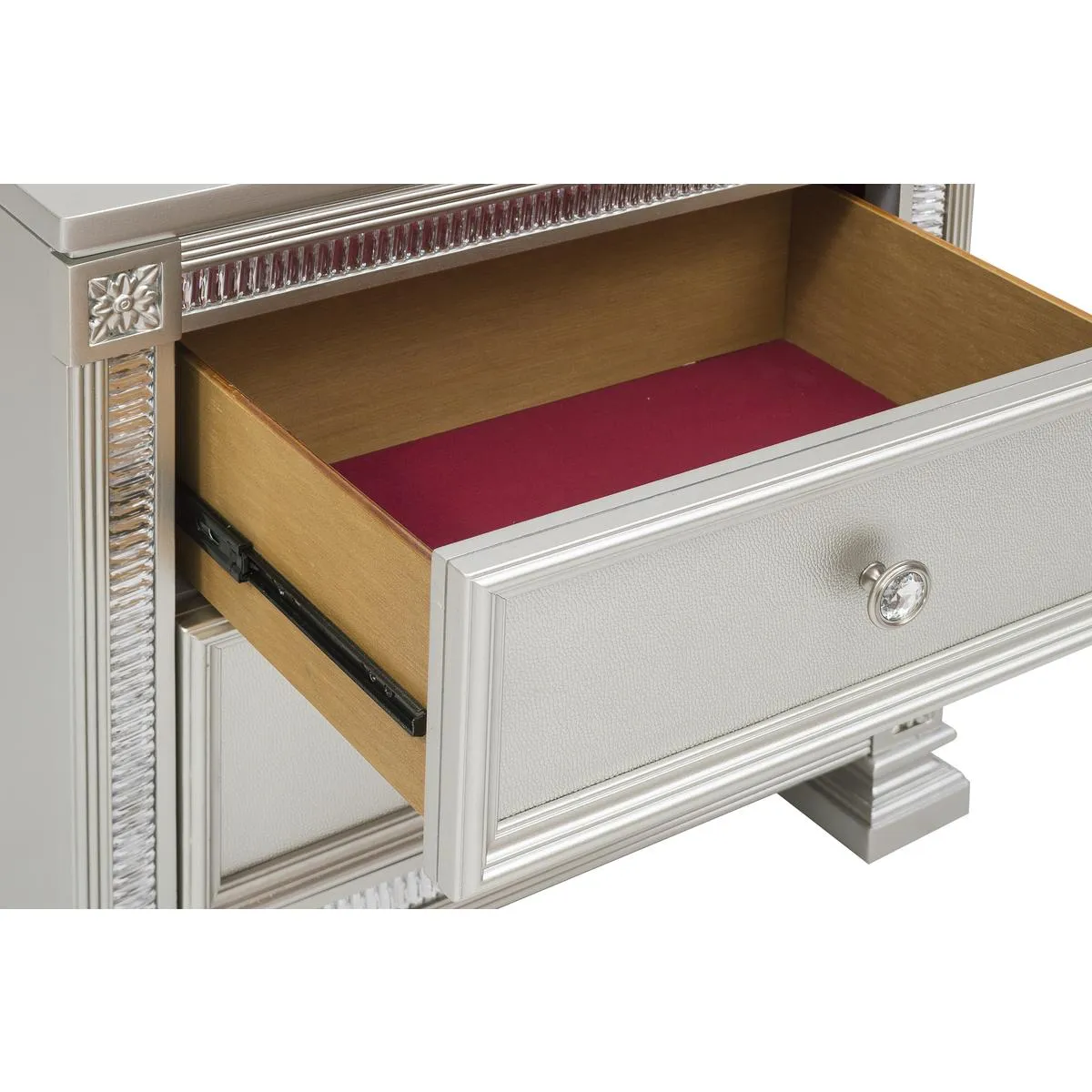 Silver Elegance Night Stand with Embossed Drawer Front and Crystal Accents