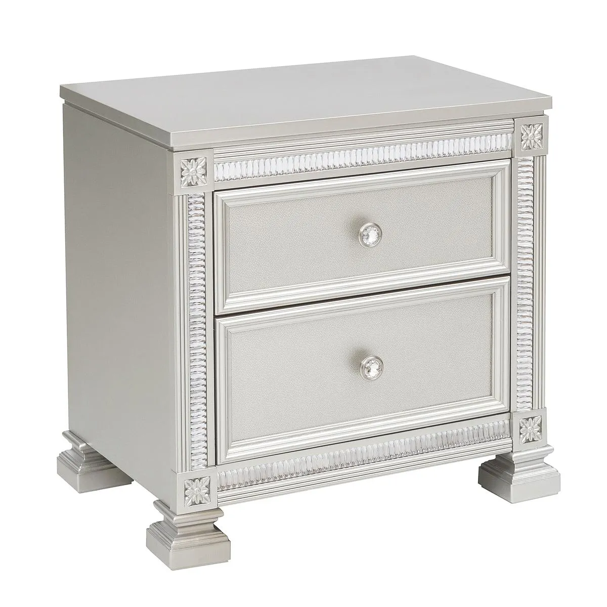 Silver Elegance Night Stand with Embossed Drawer Front and Crystal Accents