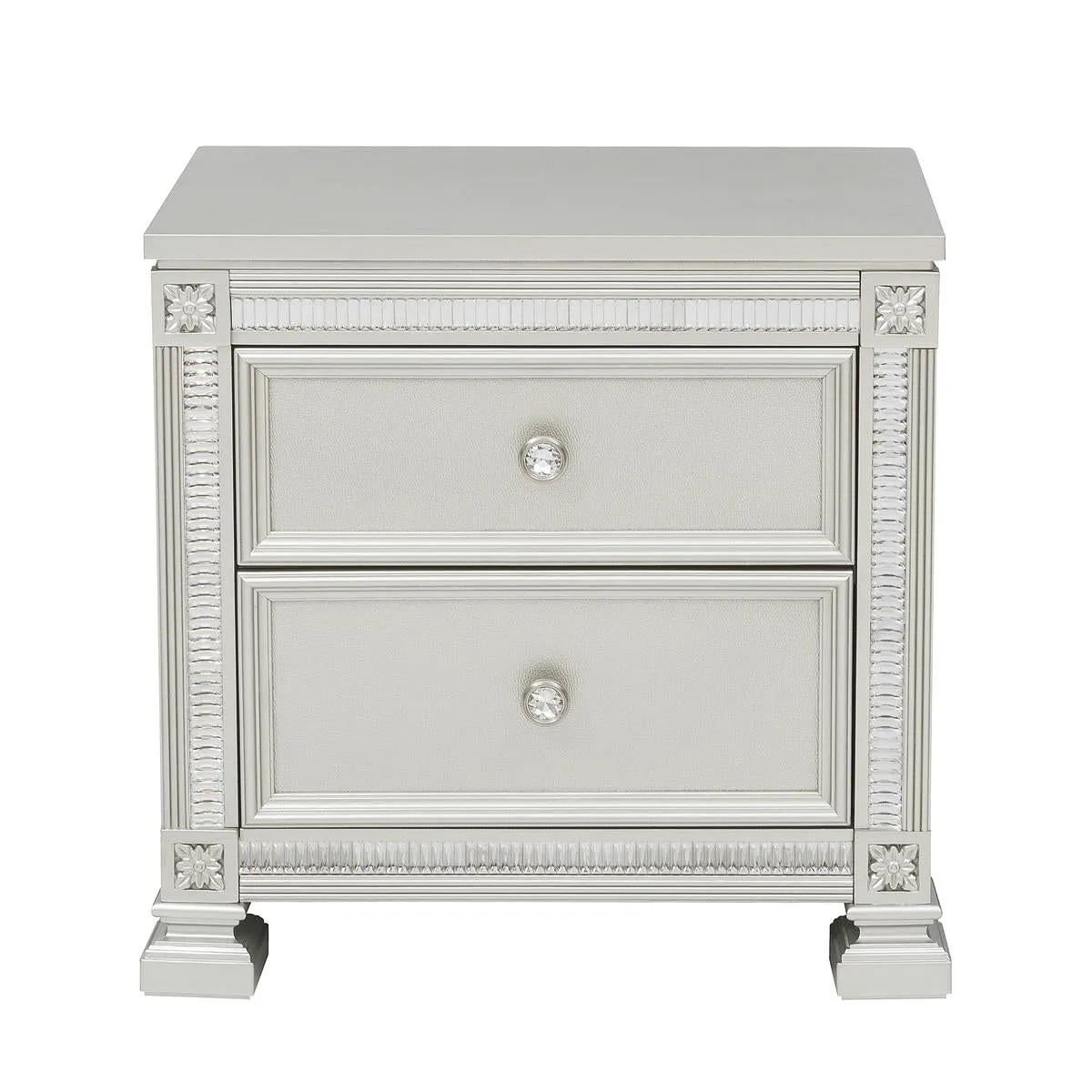 Silver Elegance Night Stand with Embossed Drawer Front and Crystal Accents