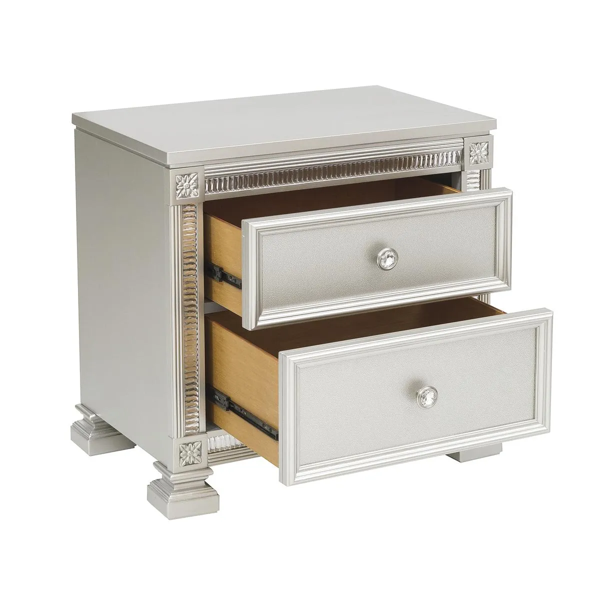 Silver Elegance Night Stand with Embossed Drawer Front and Crystal Accents