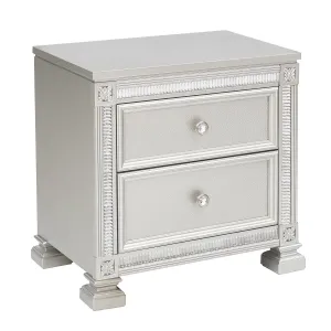 Silver Elegance Night Stand with Embossed Drawer Front and Crystal Accents