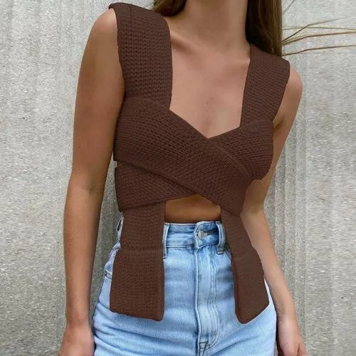 Sleeveless Pullover Female Bandage Sweater Solid Top