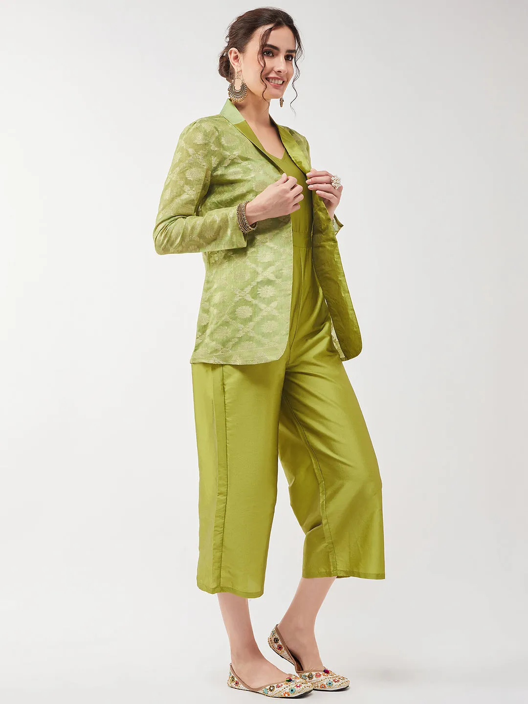 Solid Jumpsuit With Banarasi Jacquard Blazer