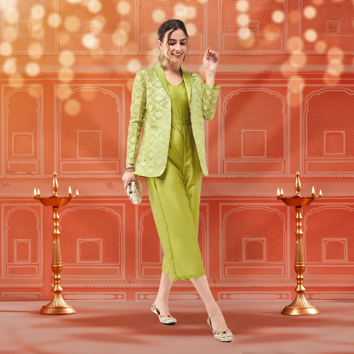 Solid Jumpsuit With Banarasi Jacquard Blazer