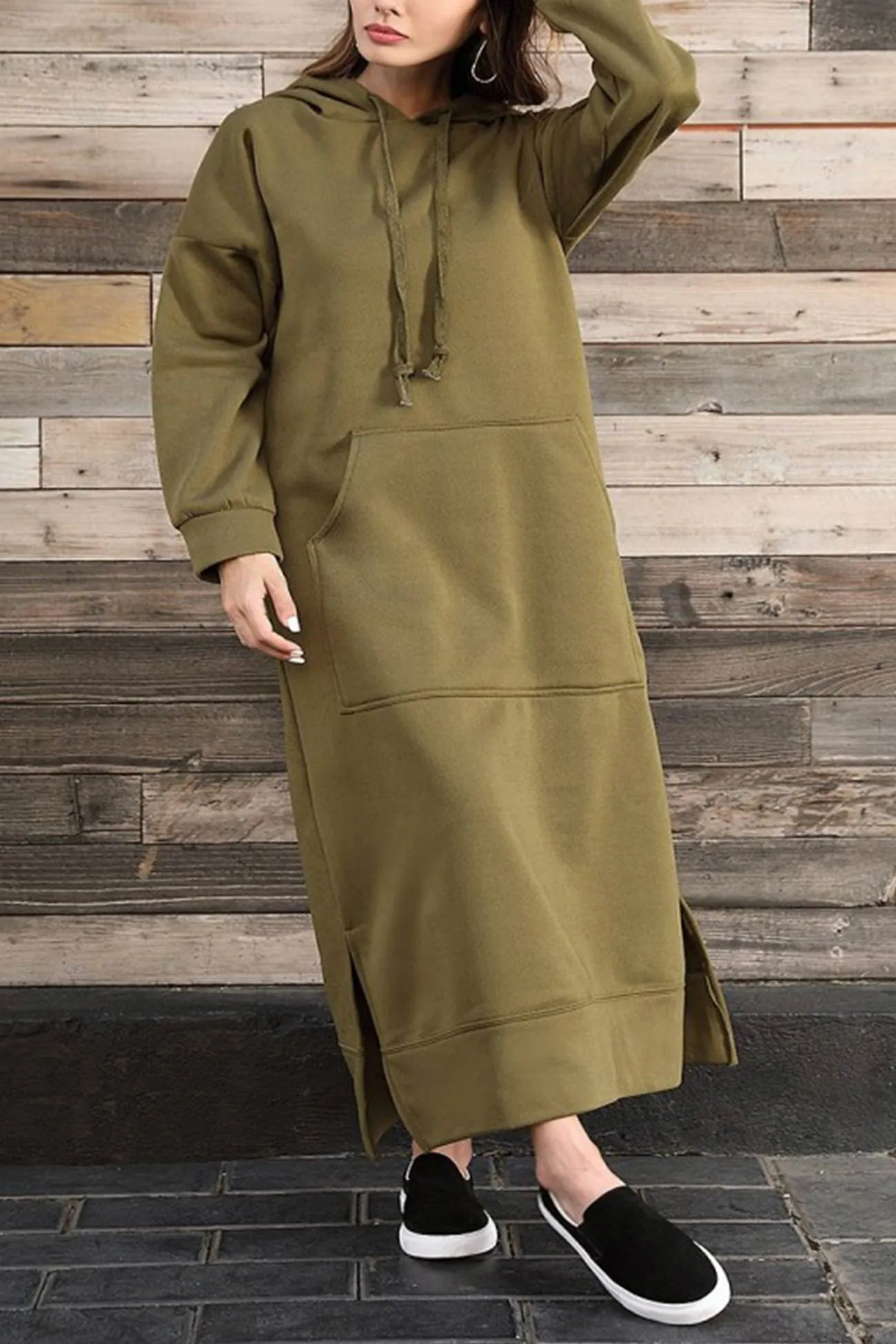 Solid Pocketed Slit Hem Hoodie Dress