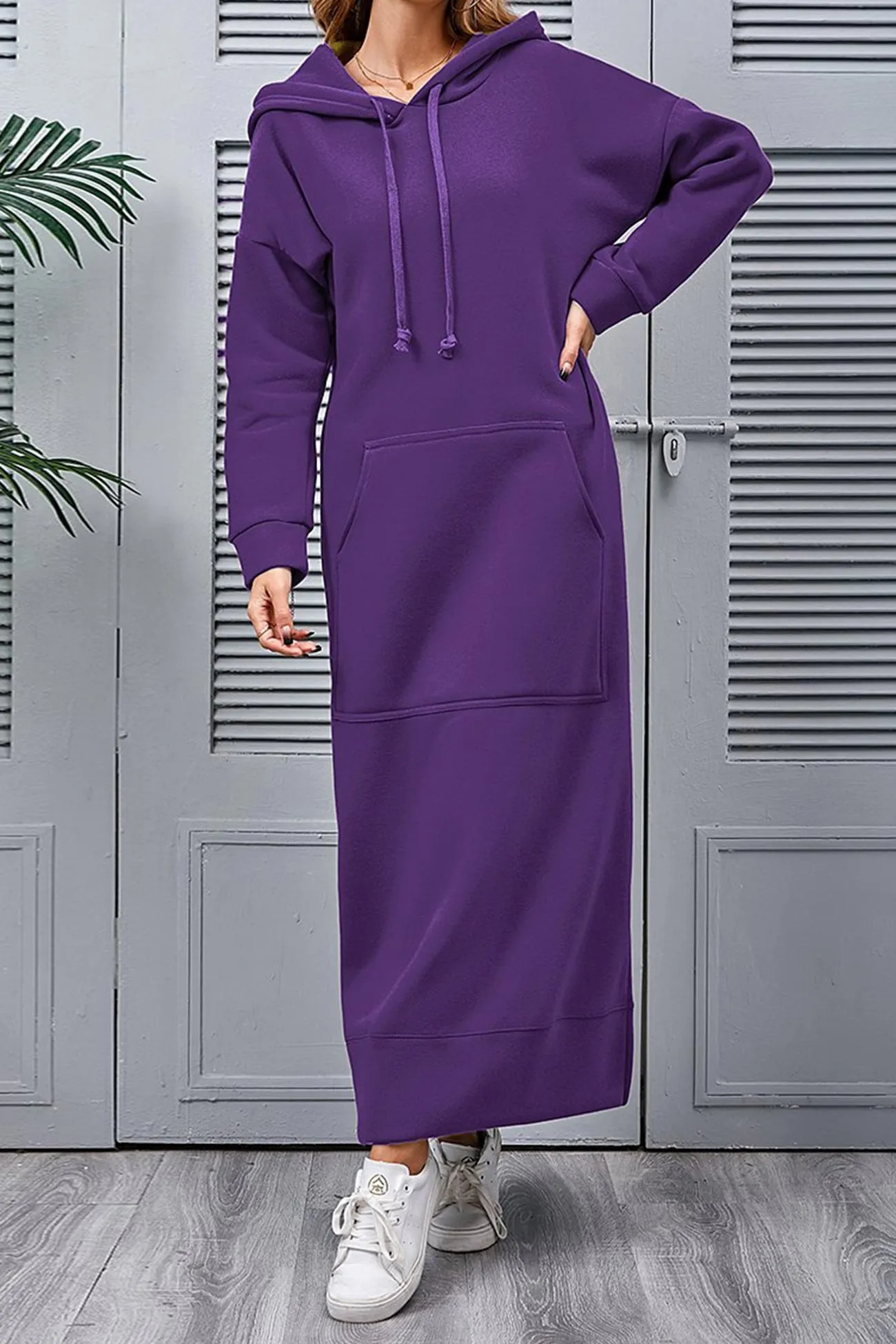 Solid Pocketed Slit Hem Hoodie Dress