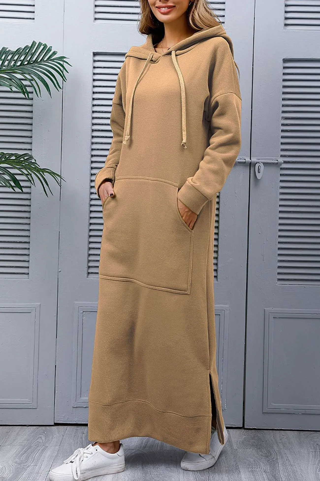 Solid Pocketed Slit Hem Hoodie Dress