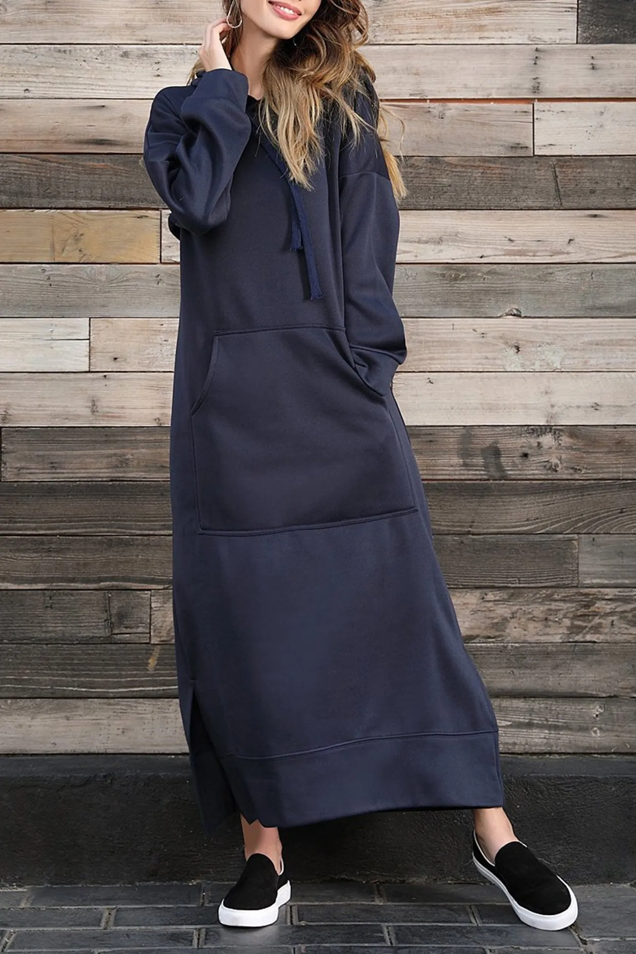 Solid Pocketed Slit Hem Hoodie Dress