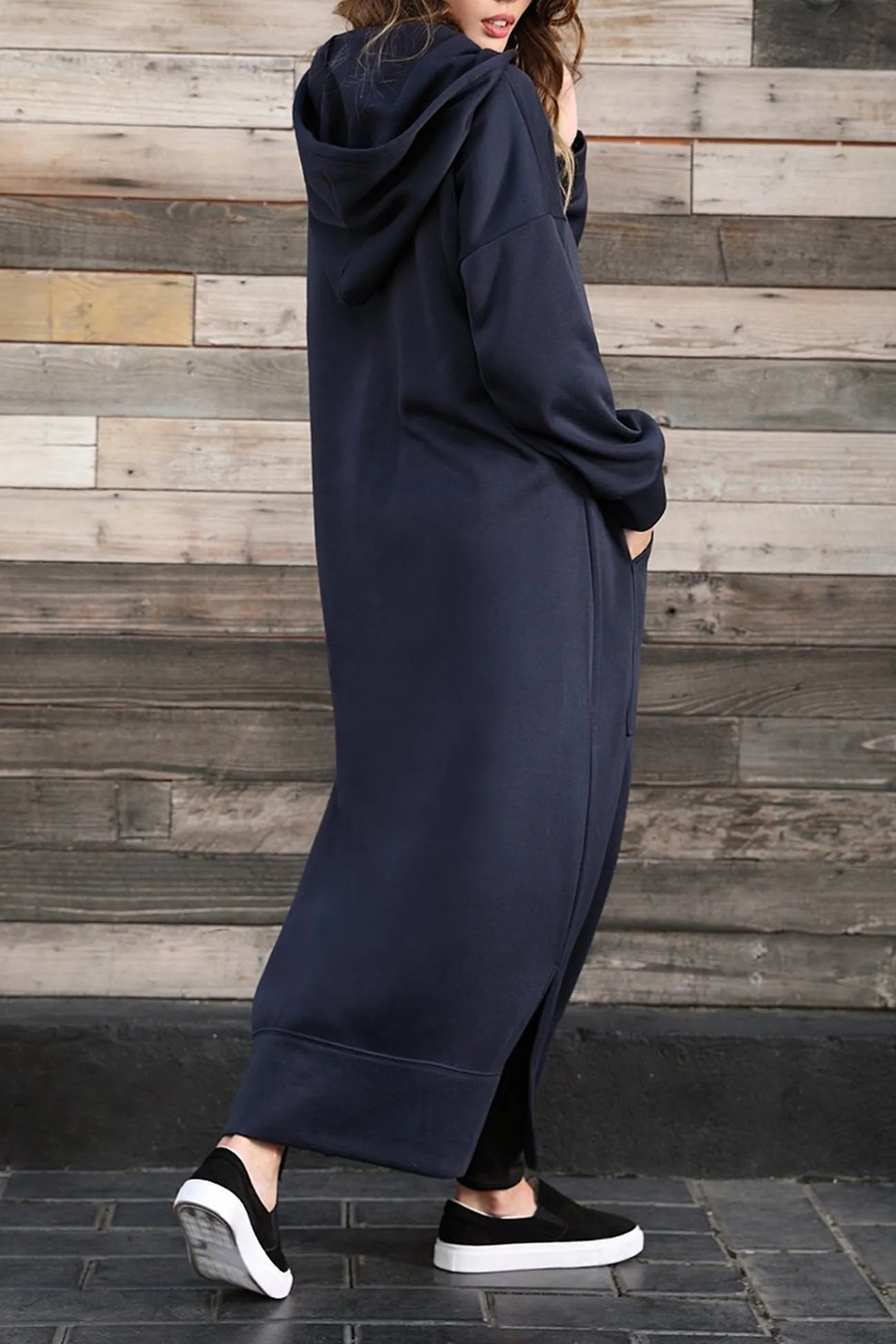 Solid Pocketed Slit Hem Hoodie Dress