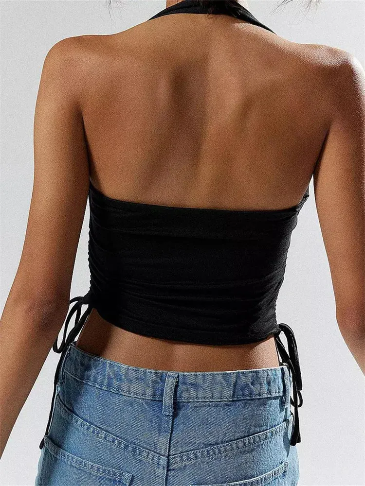 Solid Side Drawstring Ruched Off Shoulder Streetwear Cami Top