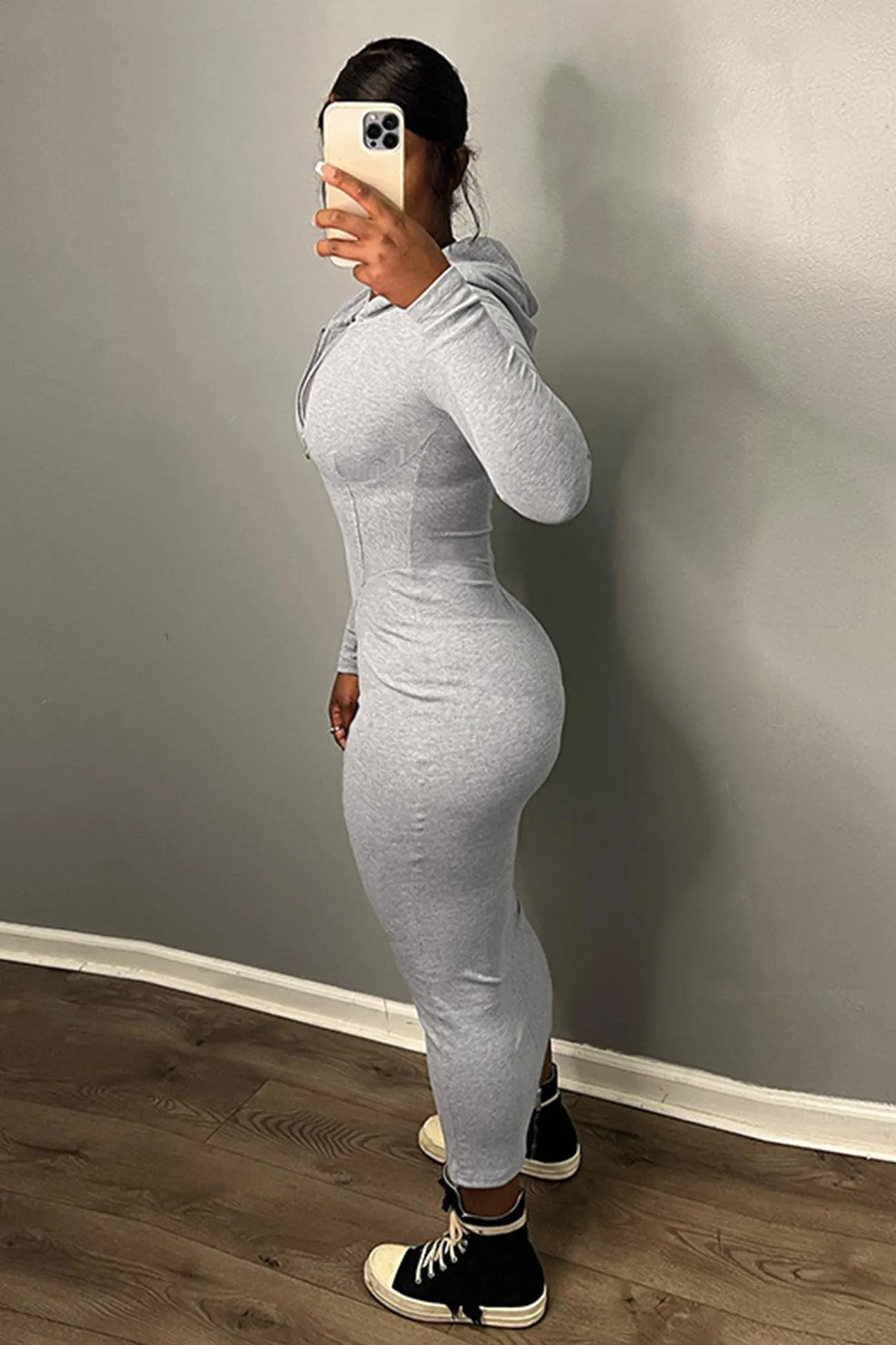 Solid Zipper Hoodie Dress