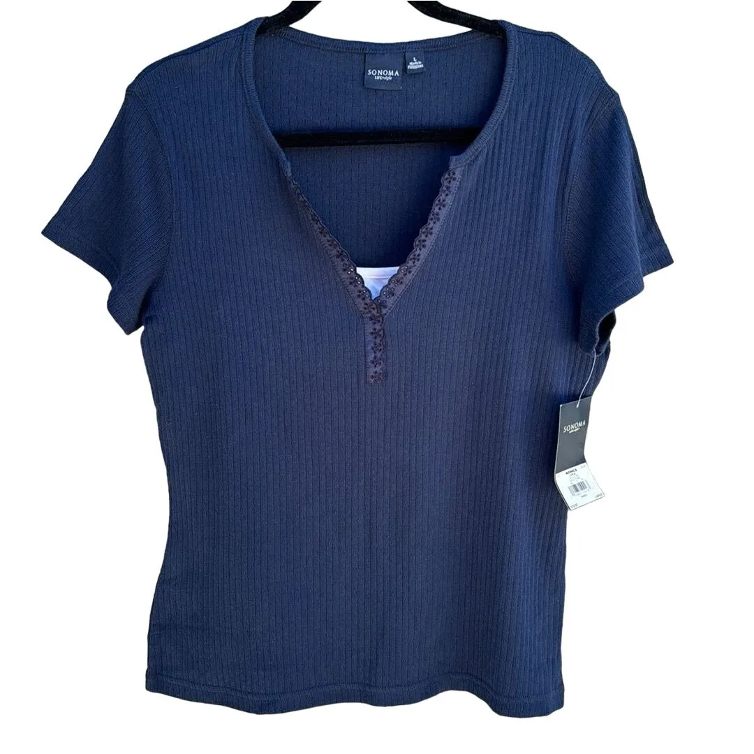 Sonoma Life Style Women's Blue V-Neck Ribbed Lace Trim Short Sleeve Shirt & Tank