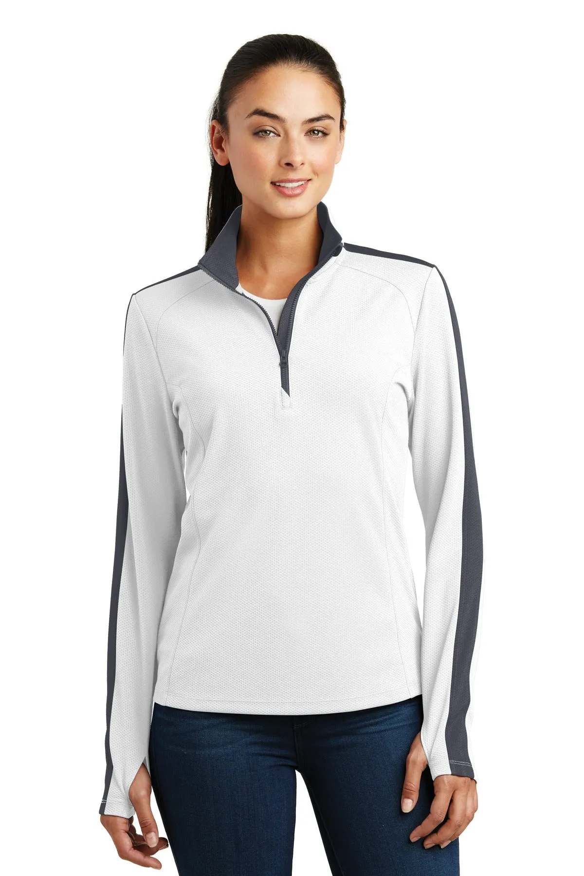 Sport-Tek® Ladies Sport-Wick® Textured Colorblock 1/4-Zip Pullover. LST861