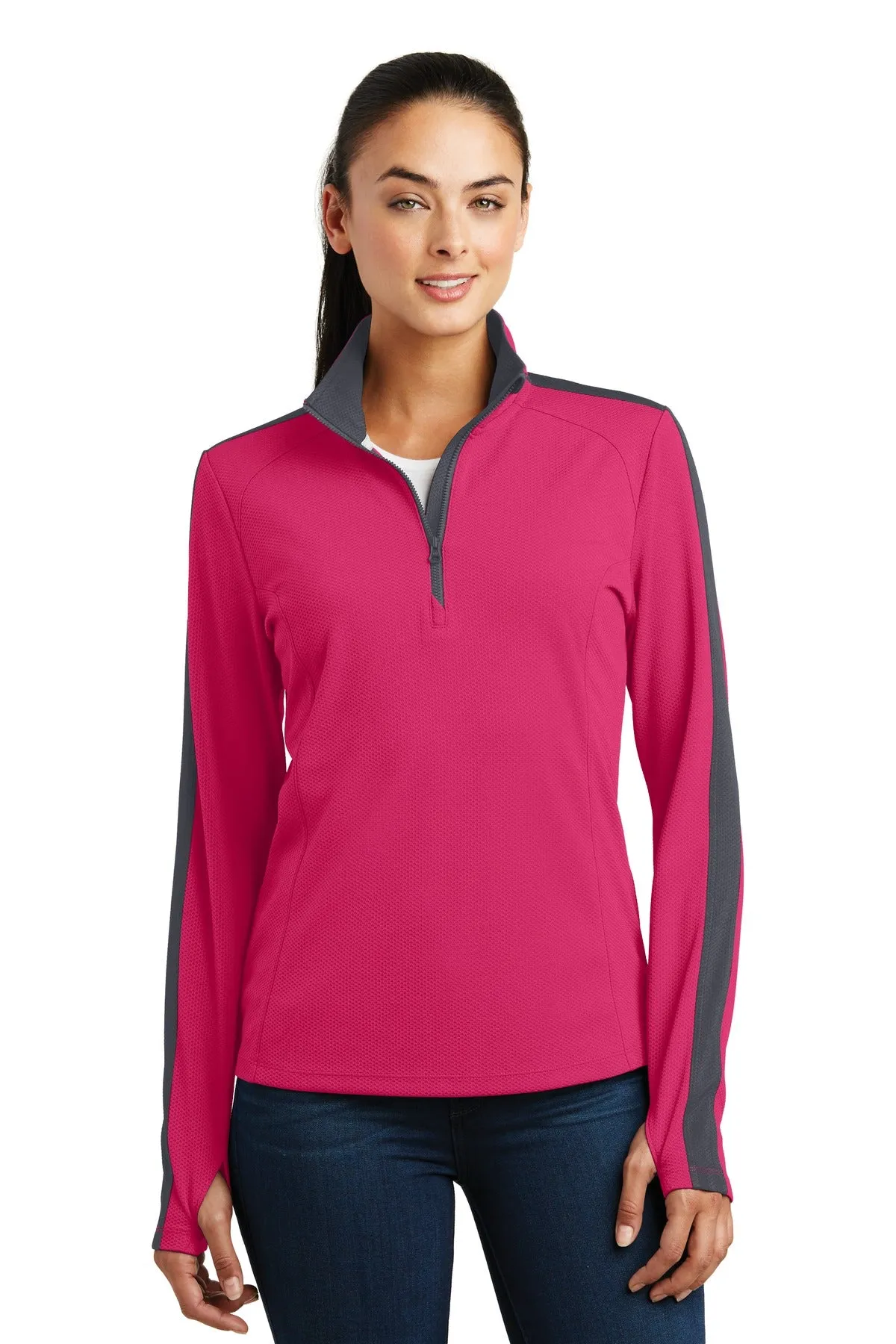 Sport-Tek® Ladies Sport-Wick® Textured Colorblock 1/4-Zip Pullover. LST861