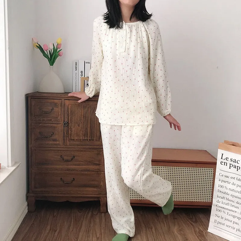 Spring Summer Crape Cotton Pajamas Women's Half Cardigan Pullover Round Neck Long Sleeved Pants Home Clothing Set