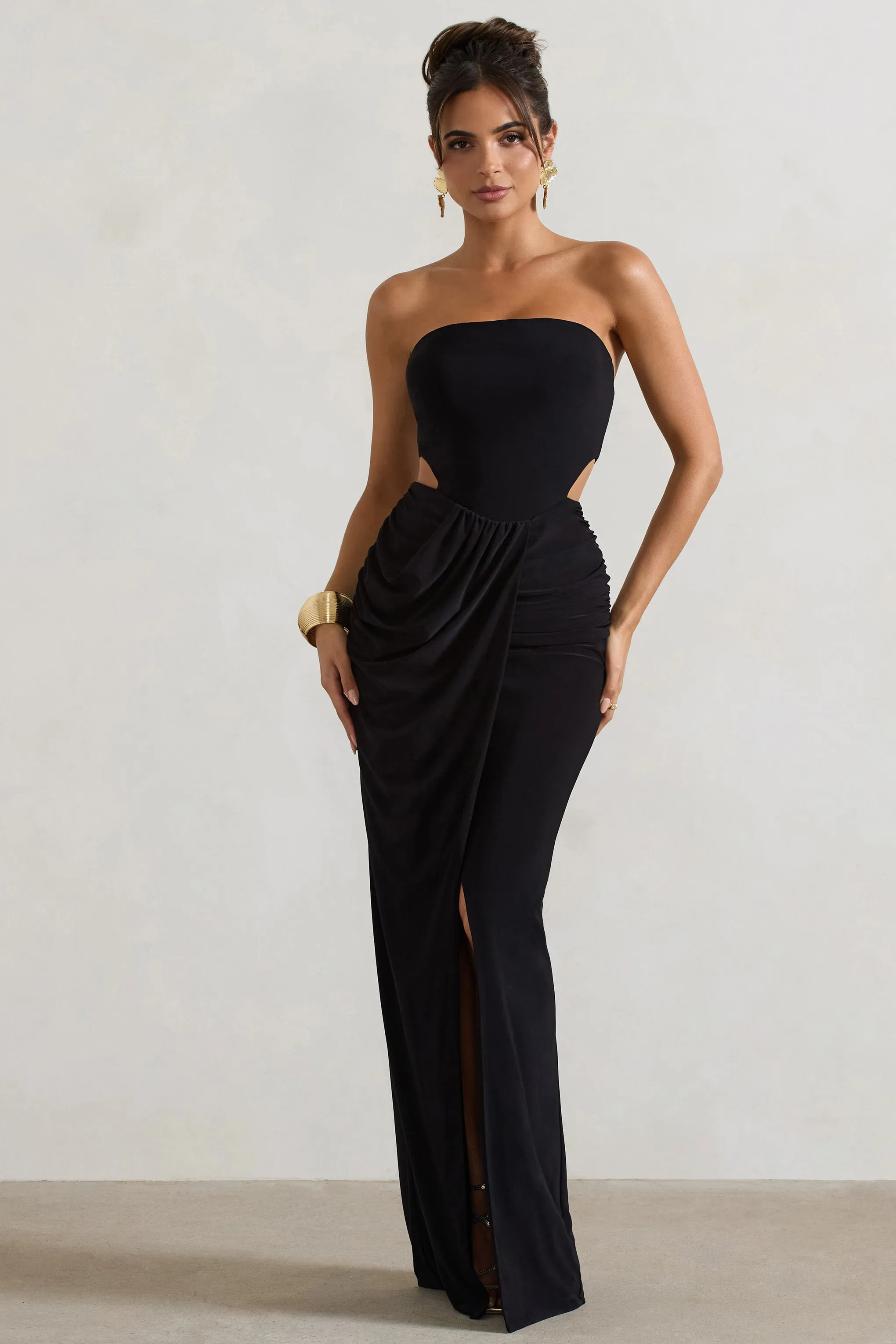 St Barts | Black Strapless Cut-Out Maxi Dress With Twist Skirt