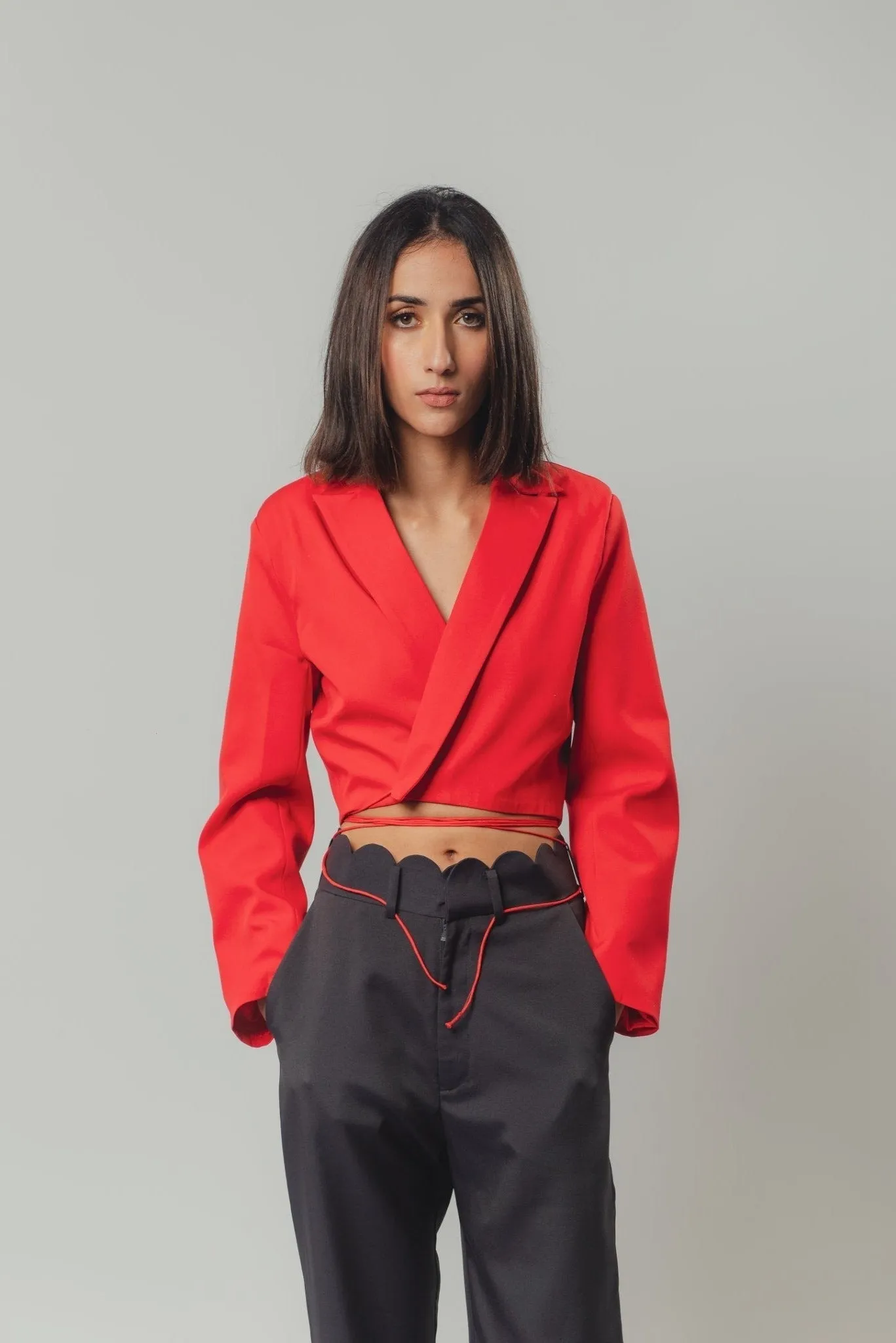 Strings Attached Cropped Blazer in Red