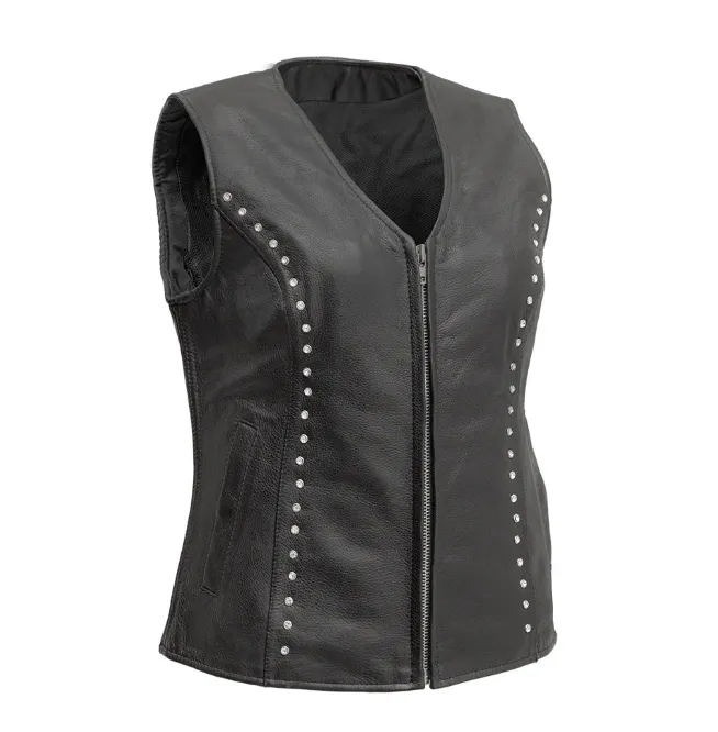 Studded HL14857Stud Black Women's Side stretch leather motorcycle vest