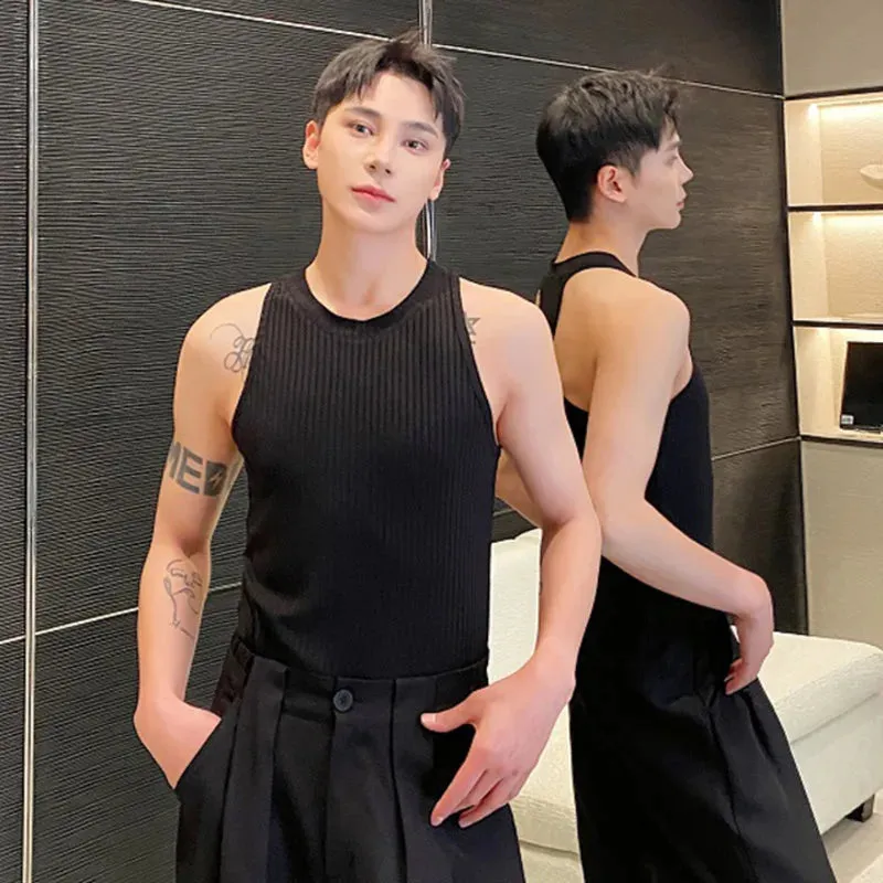 Summer Elastic Knitted Vest Trendy Round Neck Handsome Slim Fit Ribbed Sleeveless Top Fashion Menwear Sexy 9C5465