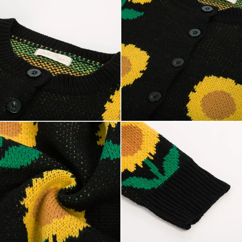 Sunflower Printed Cropped Cardigan Sweater Long Sleeve Crew Neck Button-up Knitwear