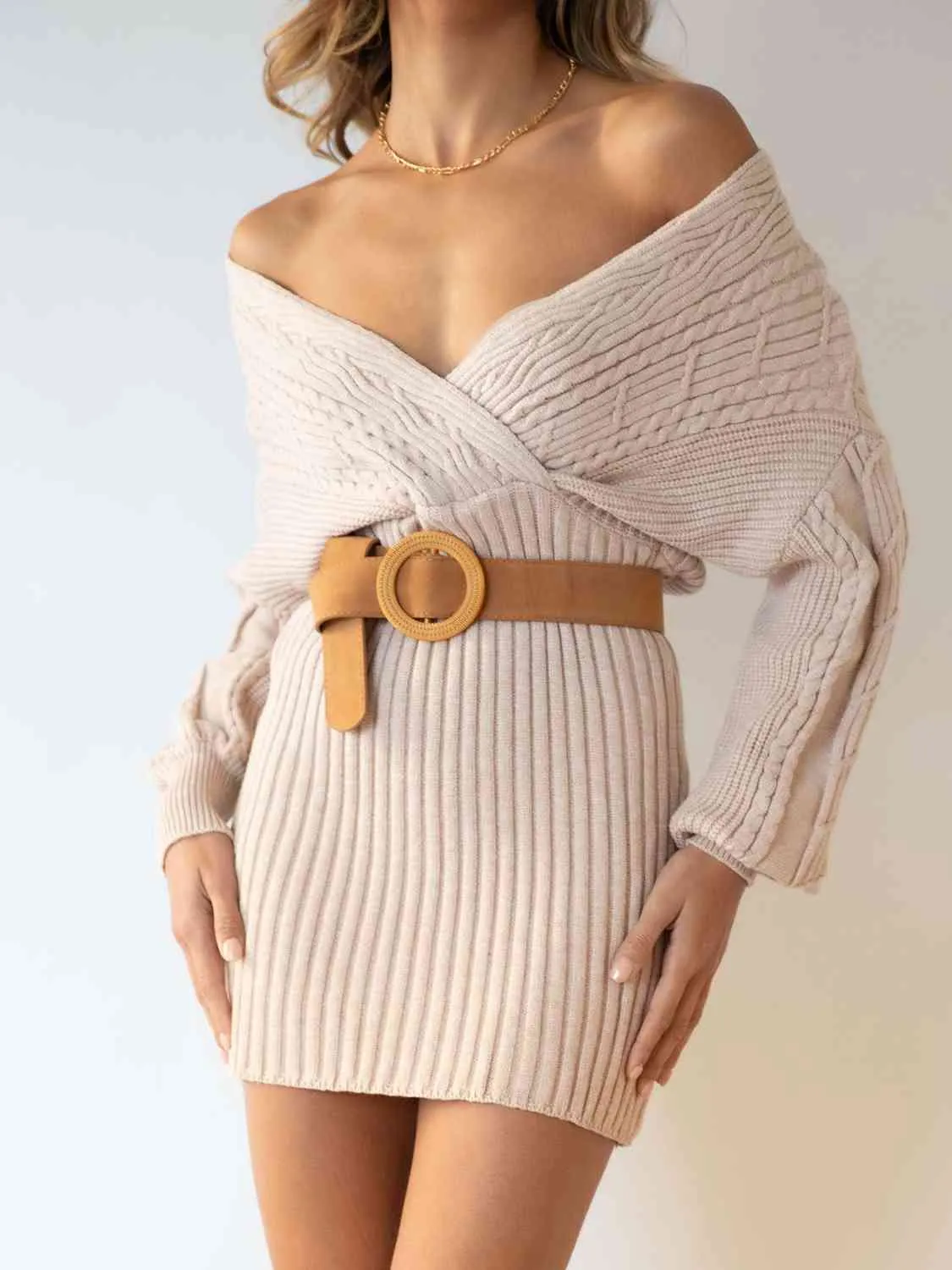 Surplice Neck Long Sleeve Sweater Dress