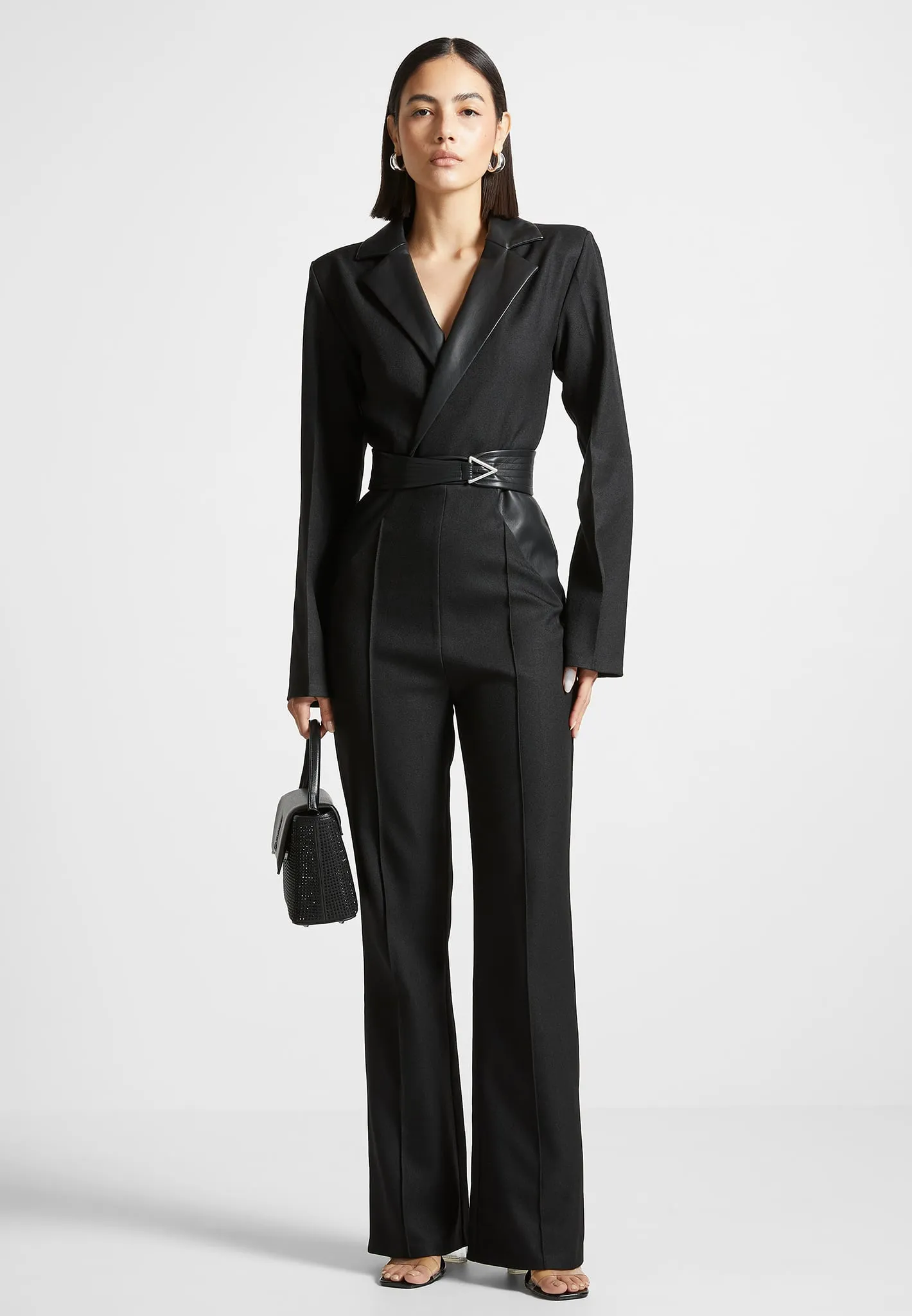 Tailored Fit and Flare Belted Jumpsuit - Black