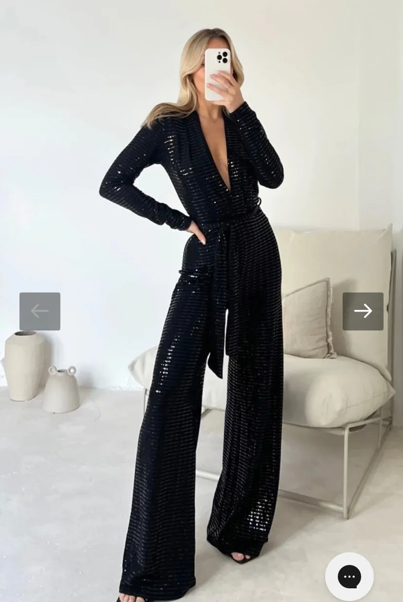 TARA BLACK SEQUIN JUMPSUIT