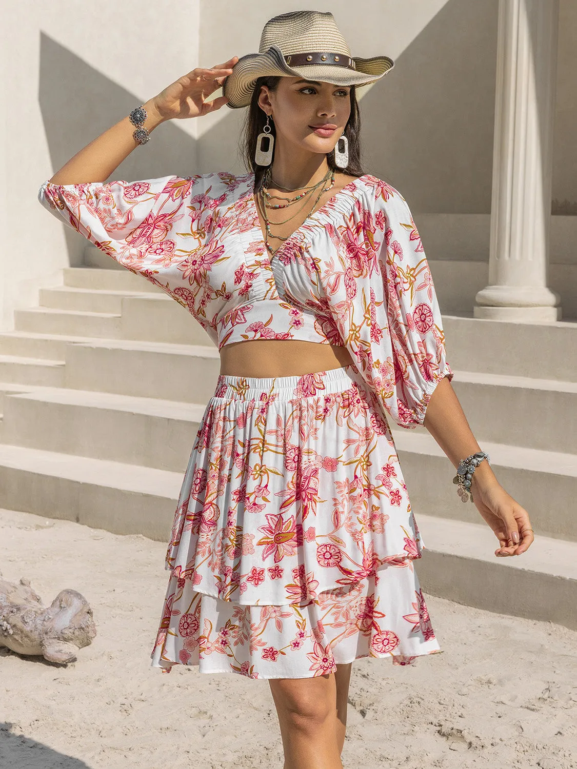 TEEK - Biush Pink Printed Half Sleeve Top Layered Skirt Set