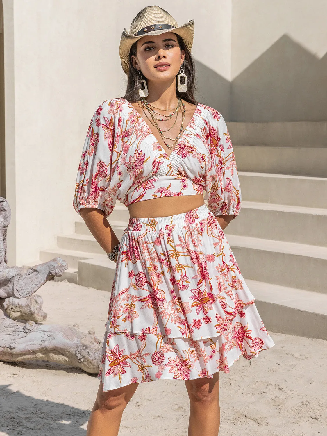 TEEK - Biush Pink Printed Half Sleeve Top Layered Skirt Set