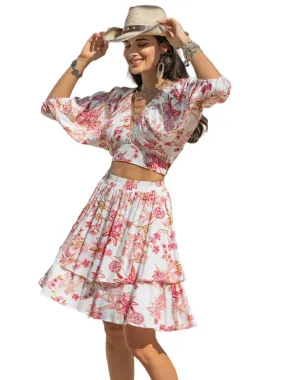 TEEK - Biush Pink Printed Half Sleeve Top Layered Skirt Set