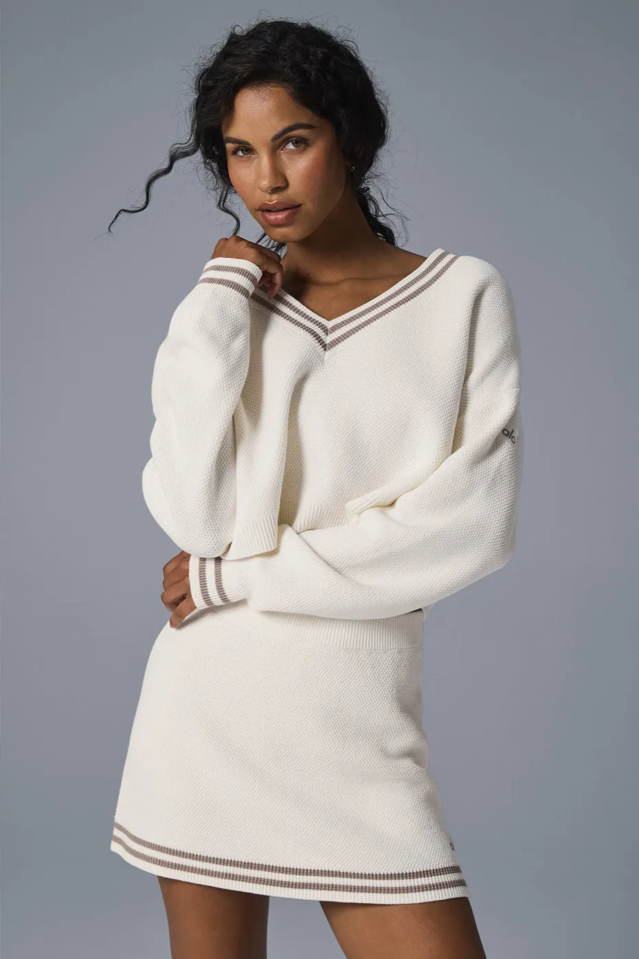 Tennis Club Sweater Knit V-Neck Pullover - Ivory/Gravel