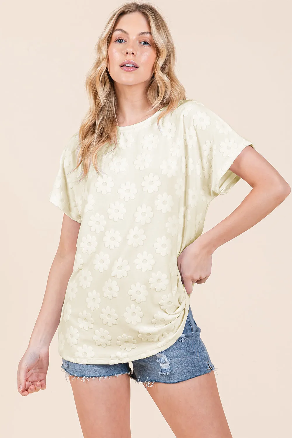 Textured Floral Pattern Short Sleeve T-Shirt