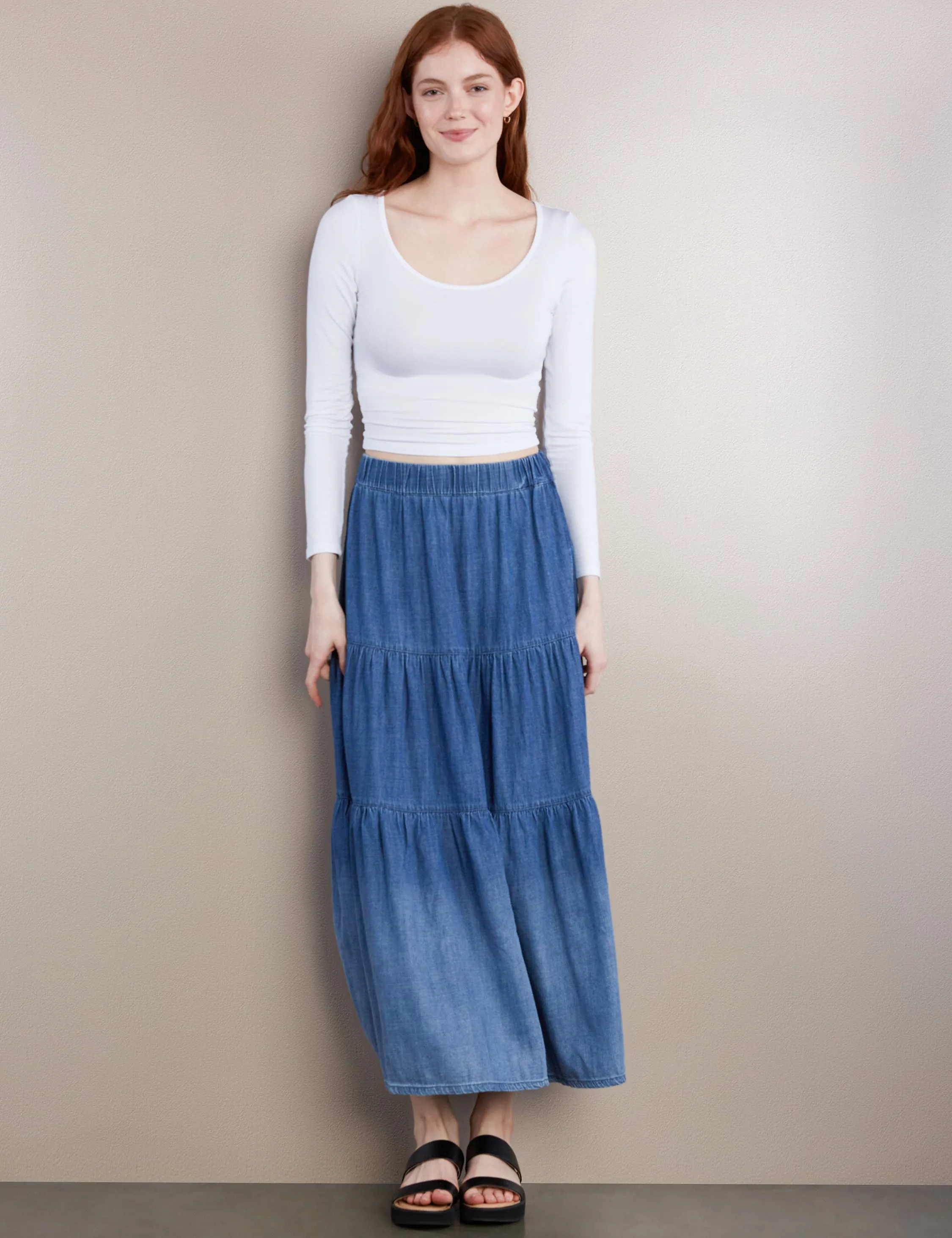 Tiered Elastic Maxi Skirt