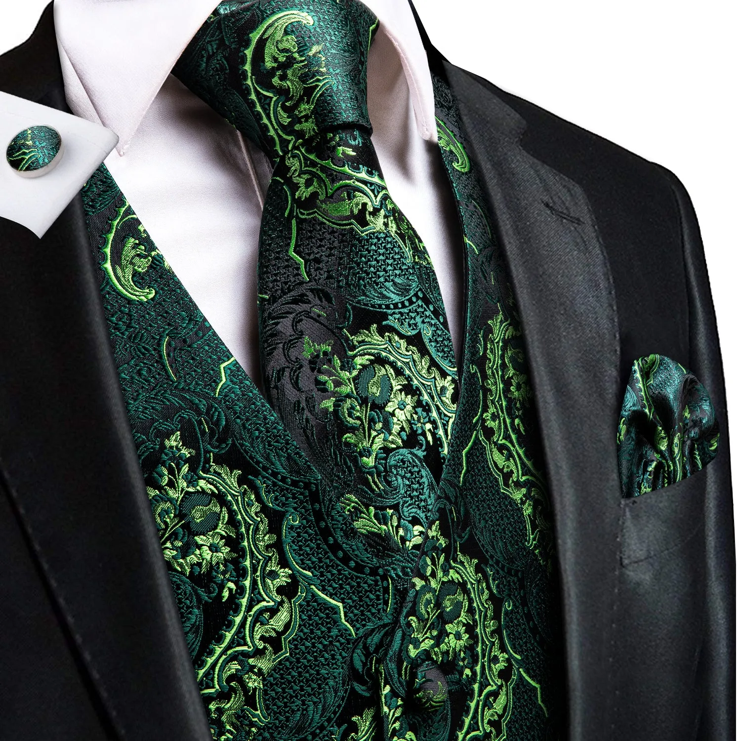 Ties2you Men's Vest Black Green Floral Jacquard Silk Vest Tie Hanky Cufflinks Set