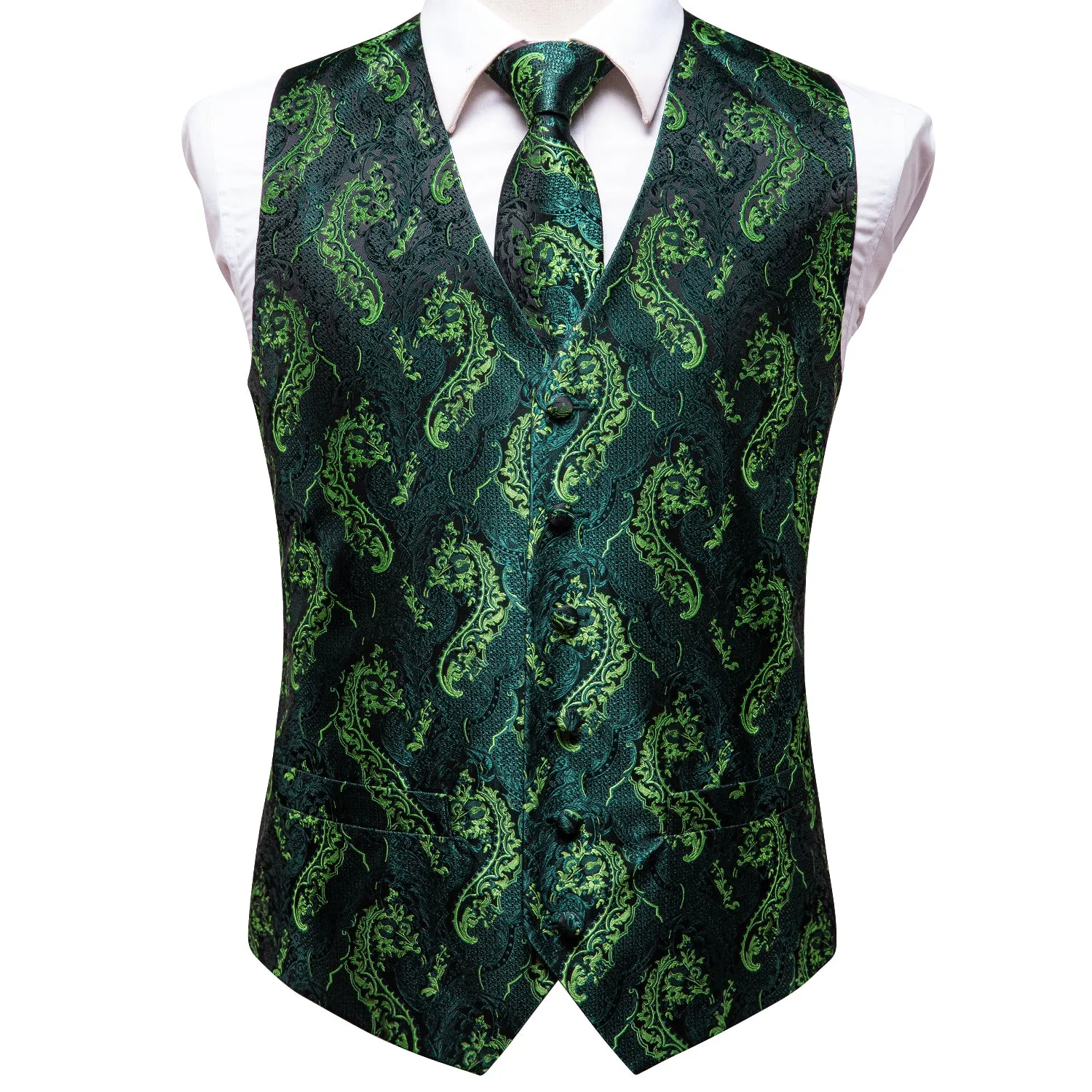 Ties2you Men's Vest Black Green Floral Jacquard Silk Vest Tie Hanky Cufflinks Set