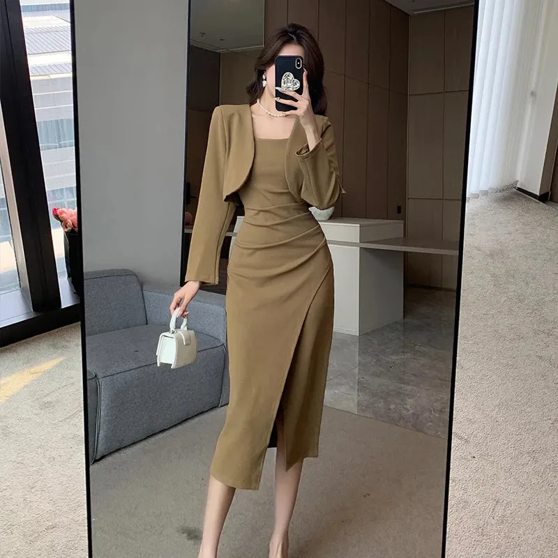 Toleet-New Vintage Solid Elegant Midi Dresses for Women with Long Sleeved Cardigan Autumn Fashion Party Birthday Dress Korean Style