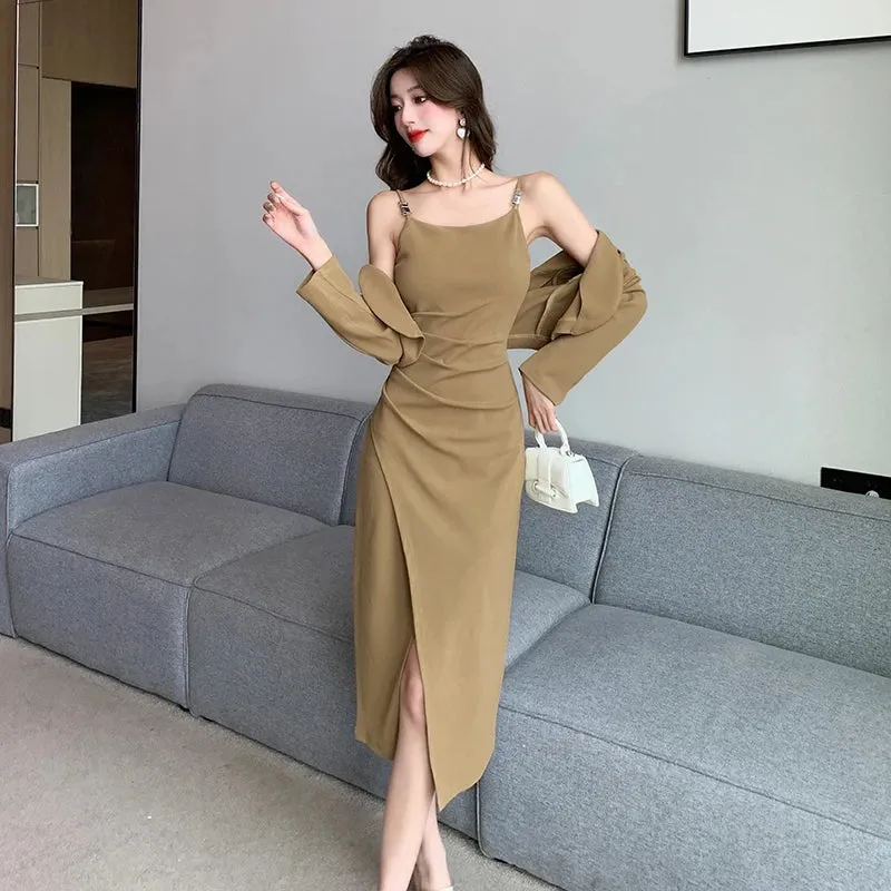 Toleet-New Vintage Solid Elegant Midi Dresses for Women with Long Sleeved Cardigan Autumn Fashion Party Birthday Dress Korean Style