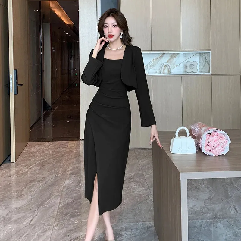 Toleet-New Vintage Solid Elegant Midi Dresses for Women with Long Sleeved Cardigan Autumn Fashion Party Birthday Dress Korean Style